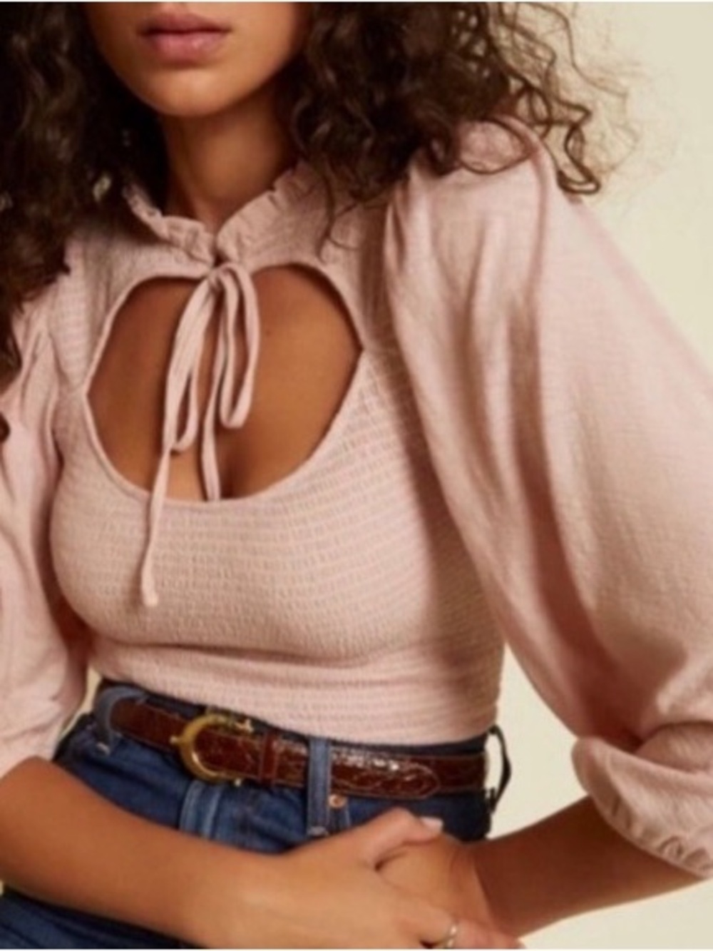 NEW NATION LTD ‘Abrielle’ Smocked Keyhole Top Blush Pink Puff Sleeve Cottagecore - Picture 2 of 6